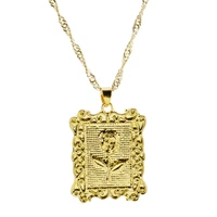 hiphop punk gold rose flower rectangle picture frame metal pendant necklaces for womenmen friends jewelry gift