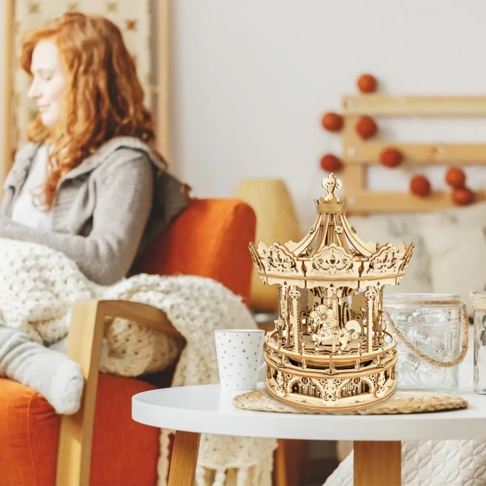 

Robotime Rotatable DIY 3D Romantic Carousel Wooden Puzzle Game Assembly Music Box Toy Gift For Children Kids Adult