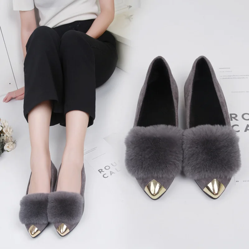 

XIZOU Plush Shoes Women Spring and Autumn New Pointed Flat Single Shoes Plus Velvet Cotton Shoes Womens Shoes Flats size 35-40