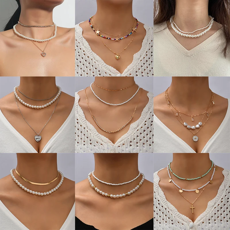 

Trend Elegant Jewelry Multi-layered Wedding Big White Imitation Pearl Necklace For Women Fashion Crystal Pendant Necklace X0103