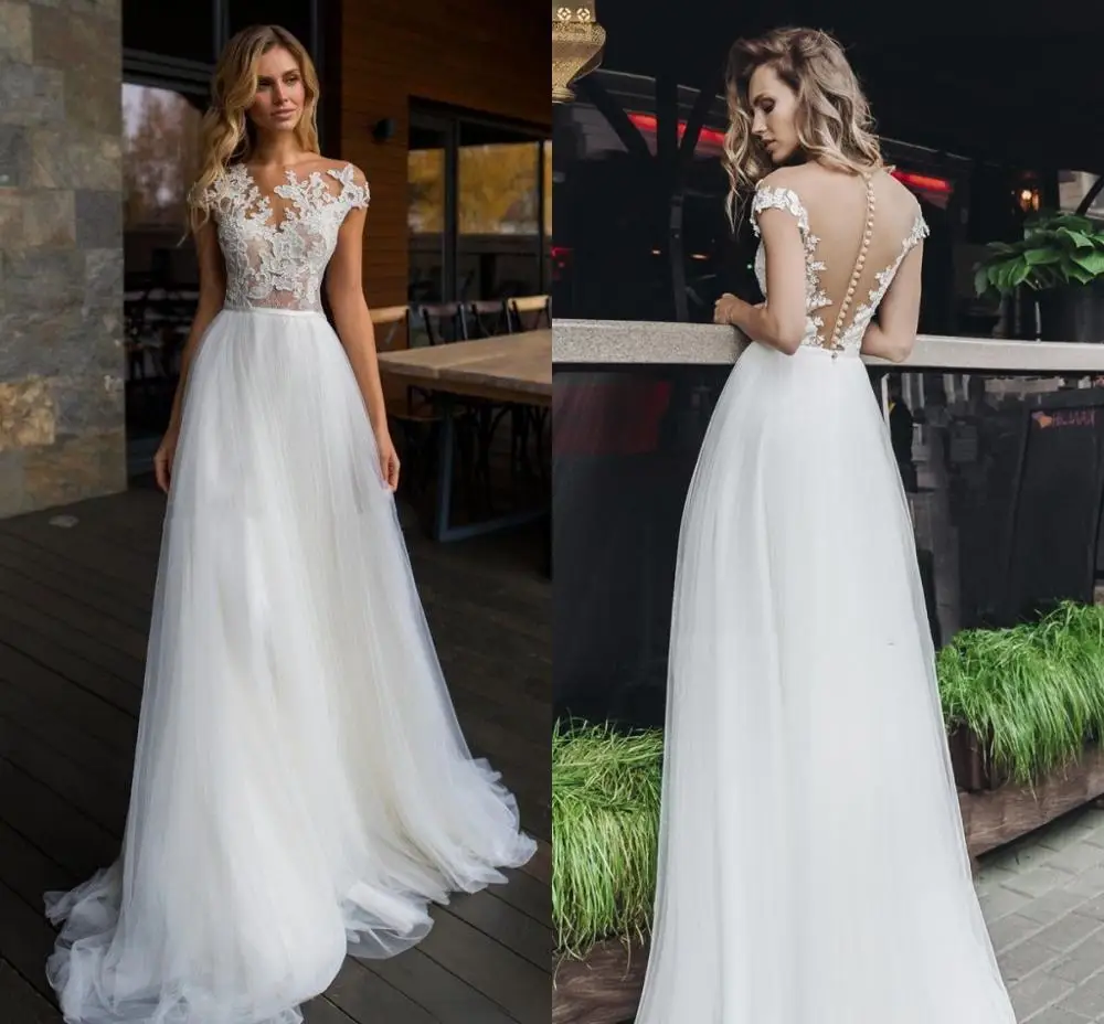 Boho Wedding Dress 2020 Lace Appliqued Vestido de Noiva Elegant A-Line Ivory Cap Sleeve Robe De Mariee Bridal Gown Floor Length