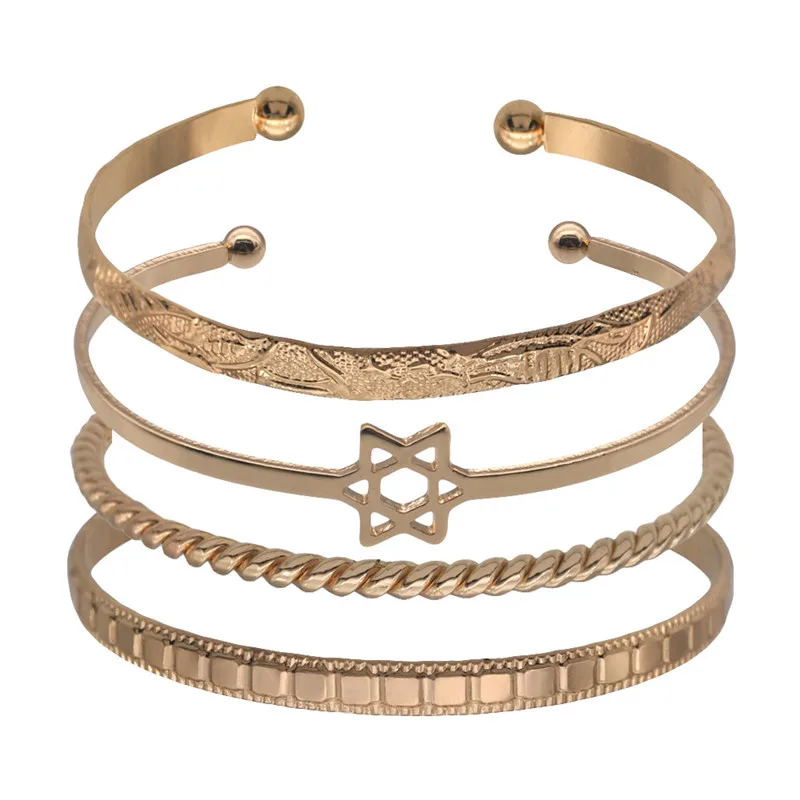 

4/6pc Hand-carved Cuff Bangle Bracelet Set Stackable Stacking Brass Heavily Hammered Jewelry Gold Women's Mixed Metal Bangle