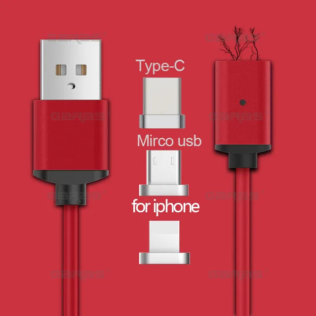 red 3in1 GARAS USB Type C/IOS/Micro USB 3IN1 магнитный кабельТип-C USB-C быстро Зарядное устройство адаптер Магнит кабель для iphone Кабели для мобильных телефонов - Цвет: red 3in1