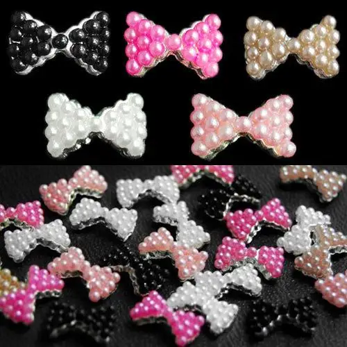 

HOT SALES!!! 10Pcs 3D DIY Decorations Alloy Faux Pearl Bow Tie Bowtie Nail Art Glitters Stickers Cute Bowknot Nail Art Sticker