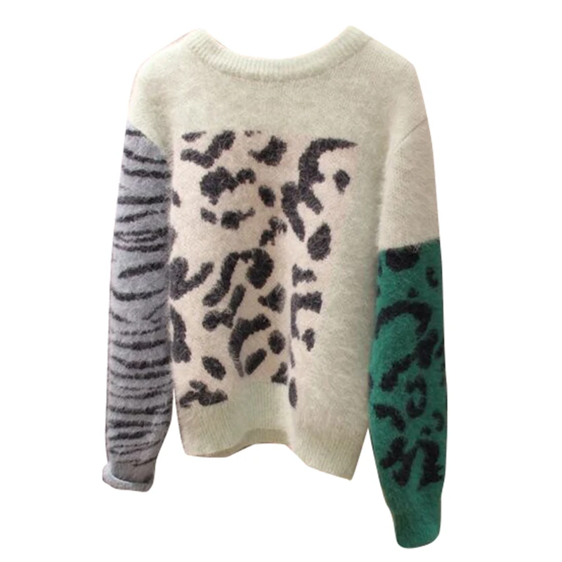 

CHICEVER Leopard Hit Color Sweaters For Women O Neck Lantern Long Sleeve Casual Loose Knitted Pullovers Female Fashion New Style