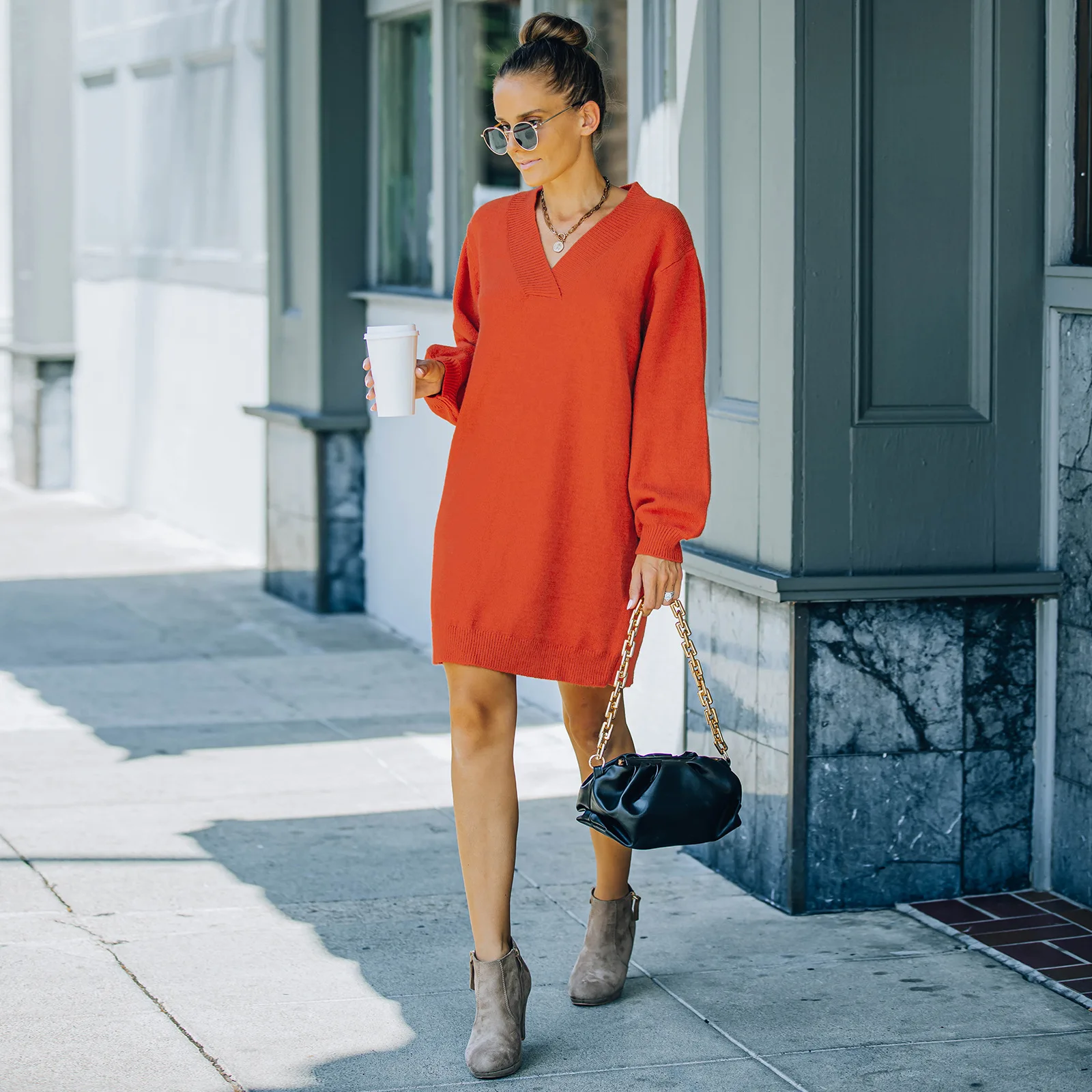 

Women Pullover Knit Sweater Dress Autumn and Winter Casual V-necked Long-sleeved Dark Green Orange Red Gray Female Sweate Dress