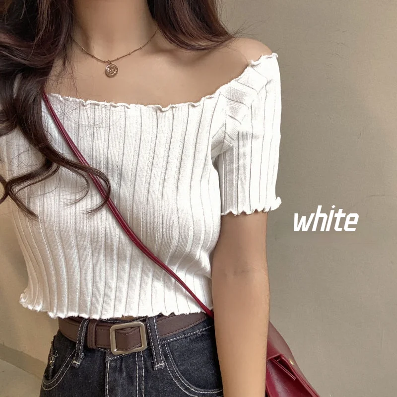 

T-shirts Women Cropped Simple Slim Casual Chic Ulzzang All-match Summer Candy Color Lady Sweet Style Knitting Popular Teens Tops