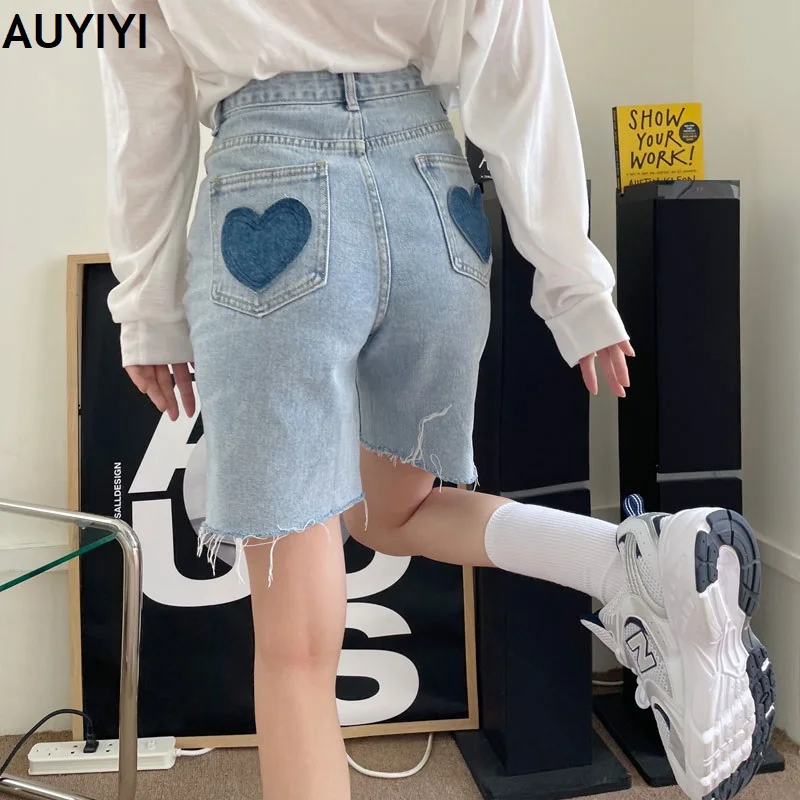 

2021 fashion love back pocket high waist raw edge quarter pants shorts jeans women casual loose wide leg pants 4 colors AUYIYI