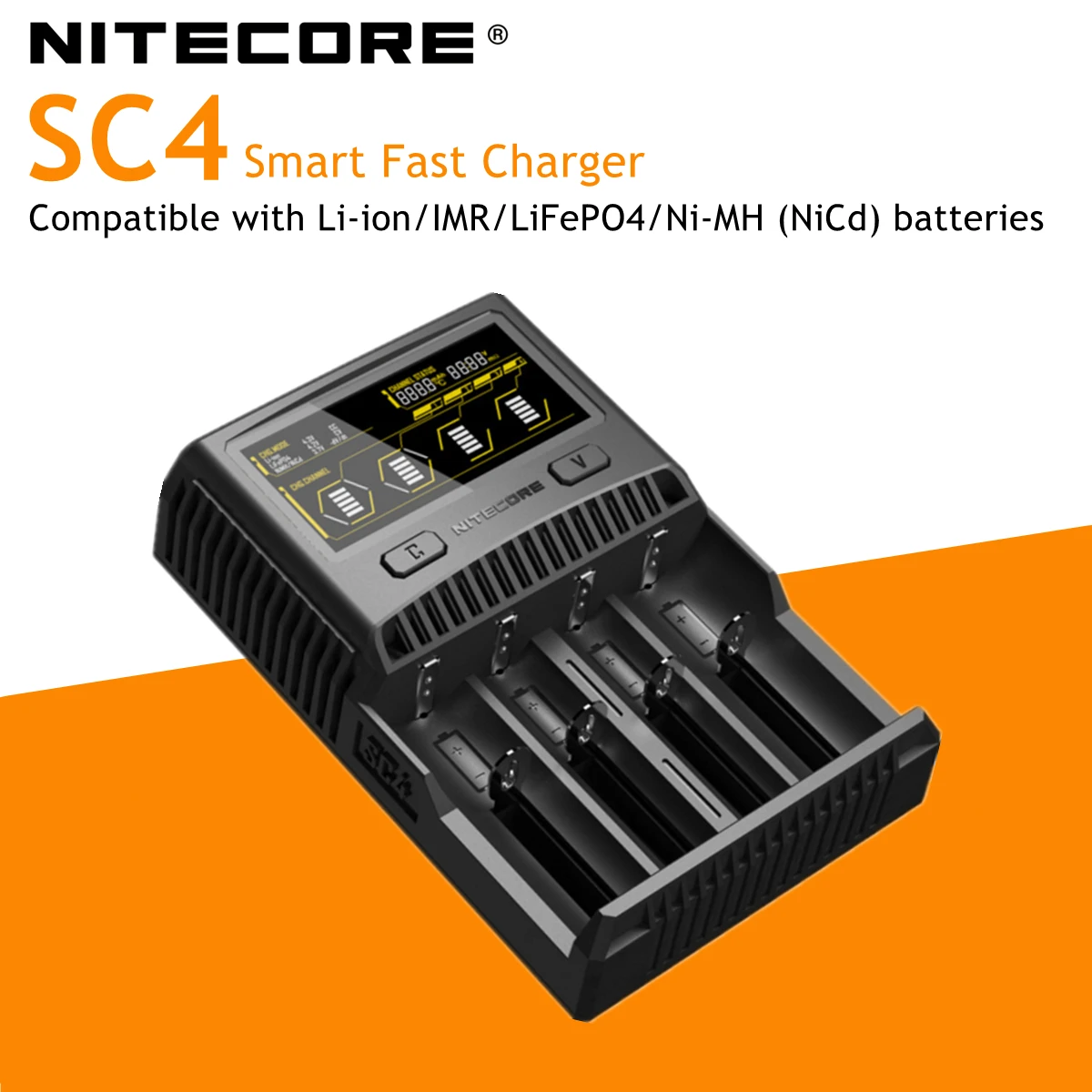 

NITECORE SC4 USB Intelligent Faster Charging Superb 4 Slots Charger Compatible Li-ion IMR 18650 14450 16340 26650 AA C D Battery
