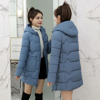 Light blue Зимняя женская куртка с капюшоном, пальто, свободные парки, толстое хлопковое пальто средней длины, женская повседневная куртка, студенческое пальто, Теплые Топы 3XL - Цвет: Light blue