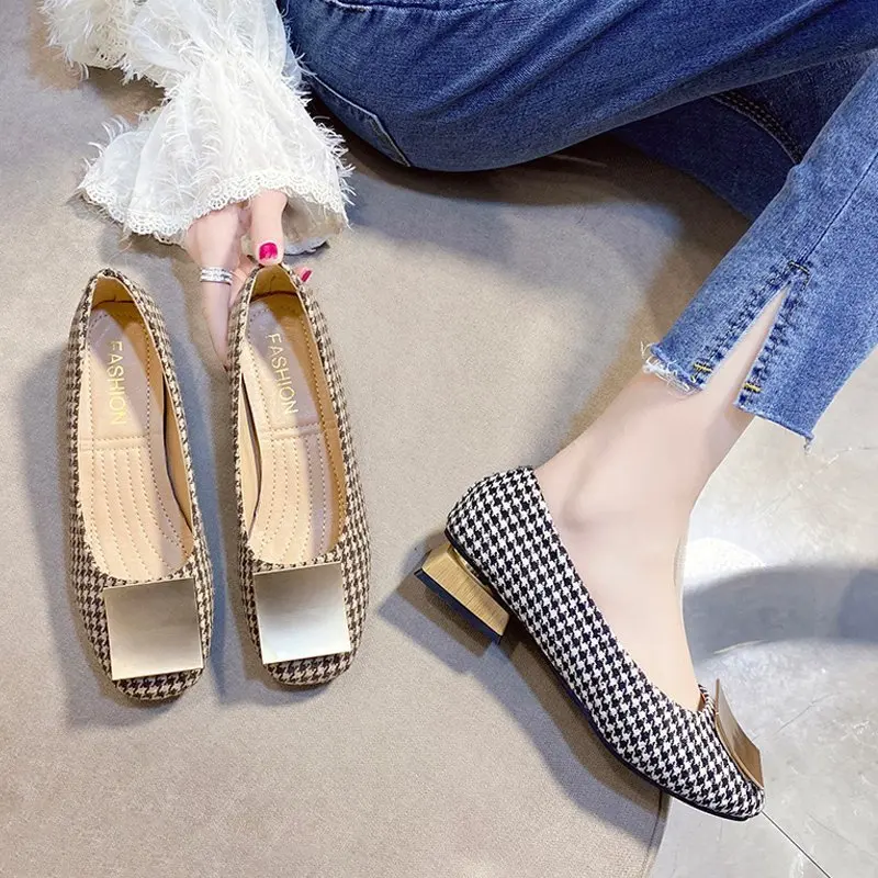 Women Leisure Shoes Houndstooth Thick Low Heel Metal Decoration Slip-On Tassel Beads Spring Round Toe Pump For Office Lady
