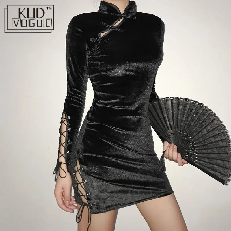 Готическое платье Cheongsam на пуговицах в китайском стиле женское обтягивающее с