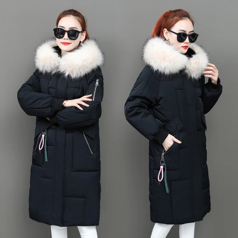 Women's Winter Parka Coat 2021 New Korean Long Loose Down Padded Jacket Fur Collar Thick Keep Warm Long-Sleeved Fashion Jacket
