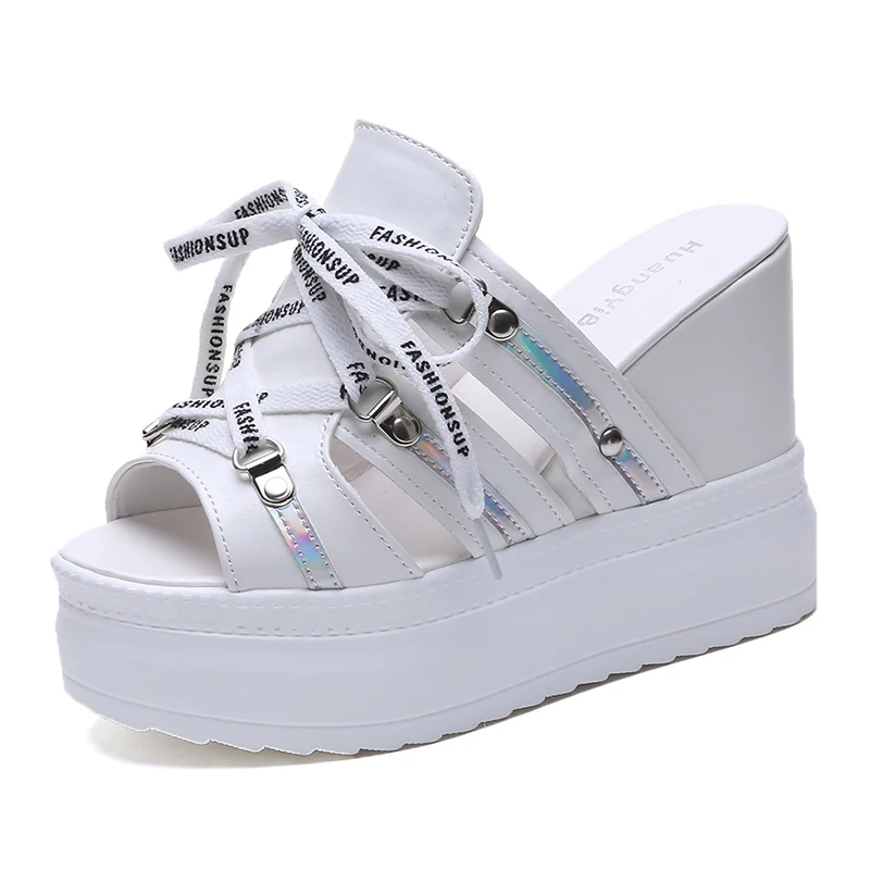 2020 женские шлепанцы Босоножки на танкетке 11 см Туфли платформе Мягкие кожаные с