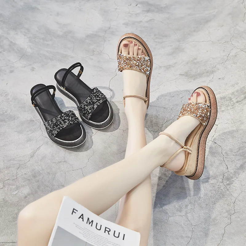 

Fashion All-match Summer Two Wear Thick Bottom Hit Color Diamond Platform Sandals Roman Style Leisure and Comfortable Beach