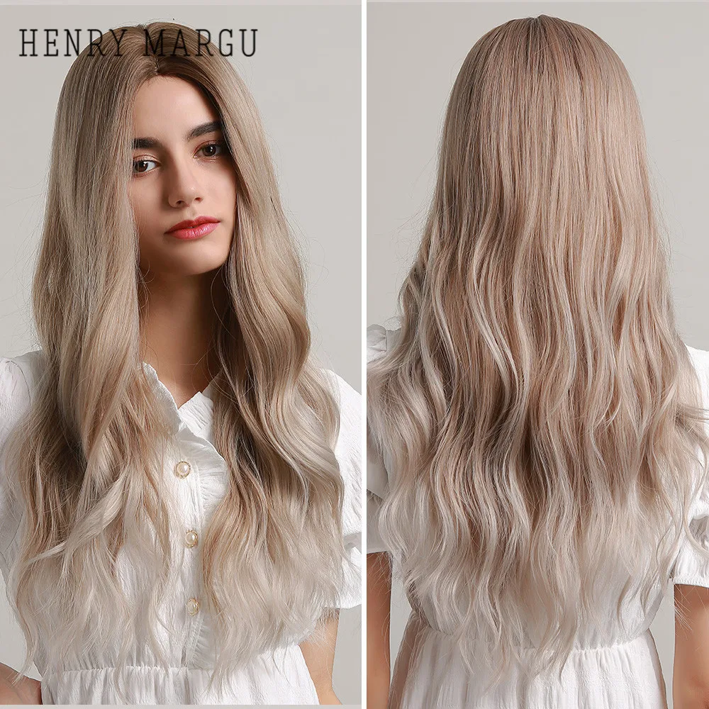 

HENRY MARGU Long Wavy Brown Ash Blonde Ombre Synthetic Wigs Natural Cosplay Hair Wig for Women Middle Part Wig Heat Resistant
