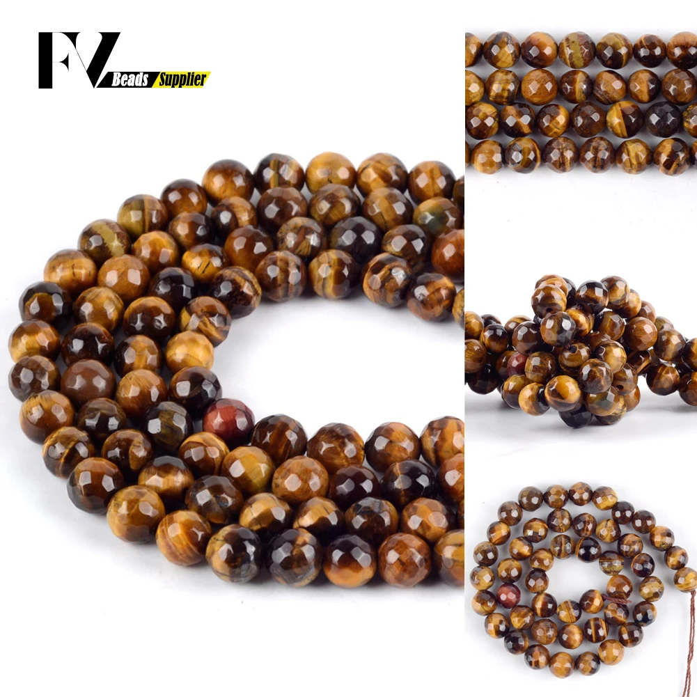 

4-12mm Natural Faceted Yellow Tiger Eye Stone Loose Spacer Round Beads For Jewelry Making DIY Bracelets Necklace Needlework 15"