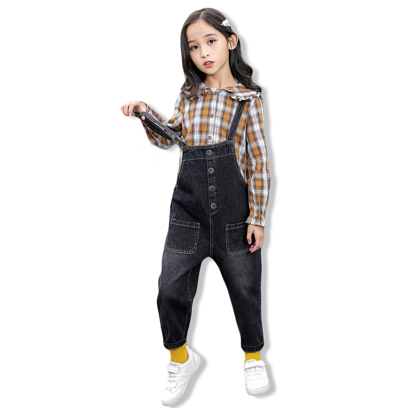 

Fashion Girls Sets Autumn Children Clothing Denim Suspender Trousers + Long-sleeve Plaid Shirt 2 Piece Set Casual Kids Clothes