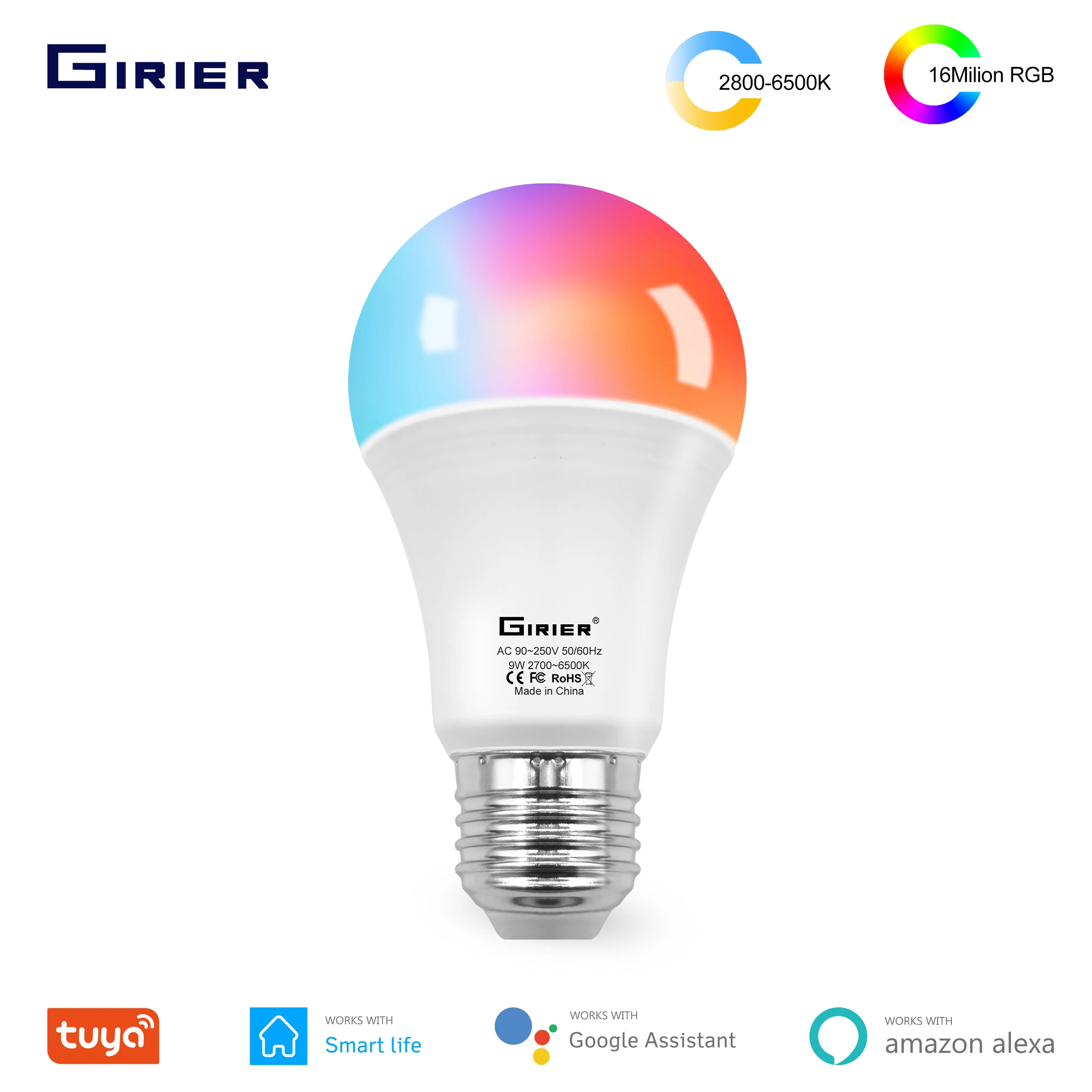 Tuya Wifi умный светильник лампочка E27 светодиодной цветной RGB лампы с регулировкой