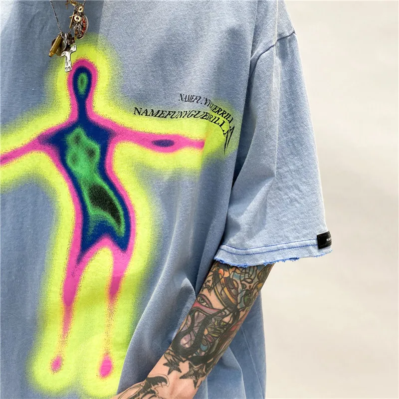

HTJ Punk Men T Shirt Short sleeve Distorted Portrait Printing Hip-Hop 2021 Summer Streetwear Oversized Retro Male Clothing