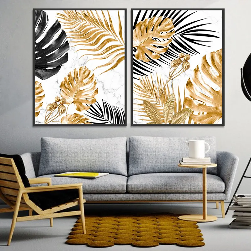 Скандинавский постер с золотыми листьями на холсте абстрактный изображением