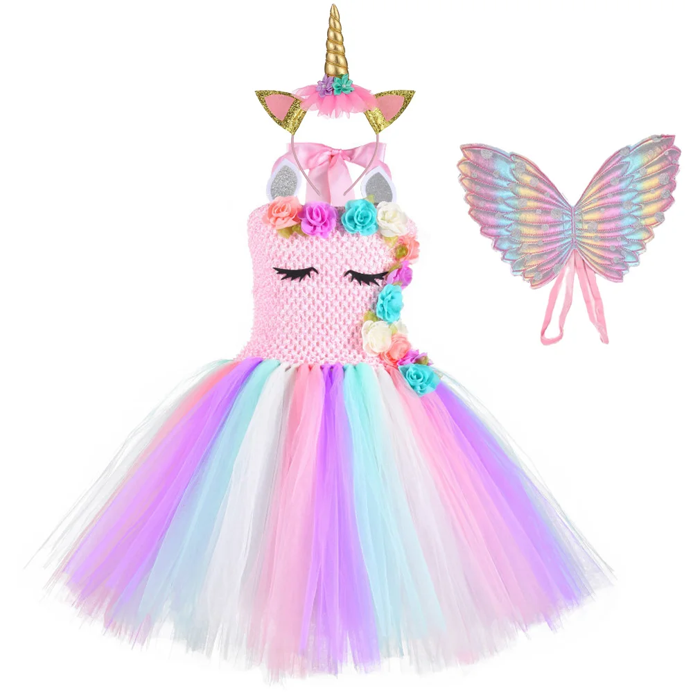 purim kids rainbow unicorn dress with flower angel wings party dress for girl princess costume ball gown baby girls pony costume free global shipping