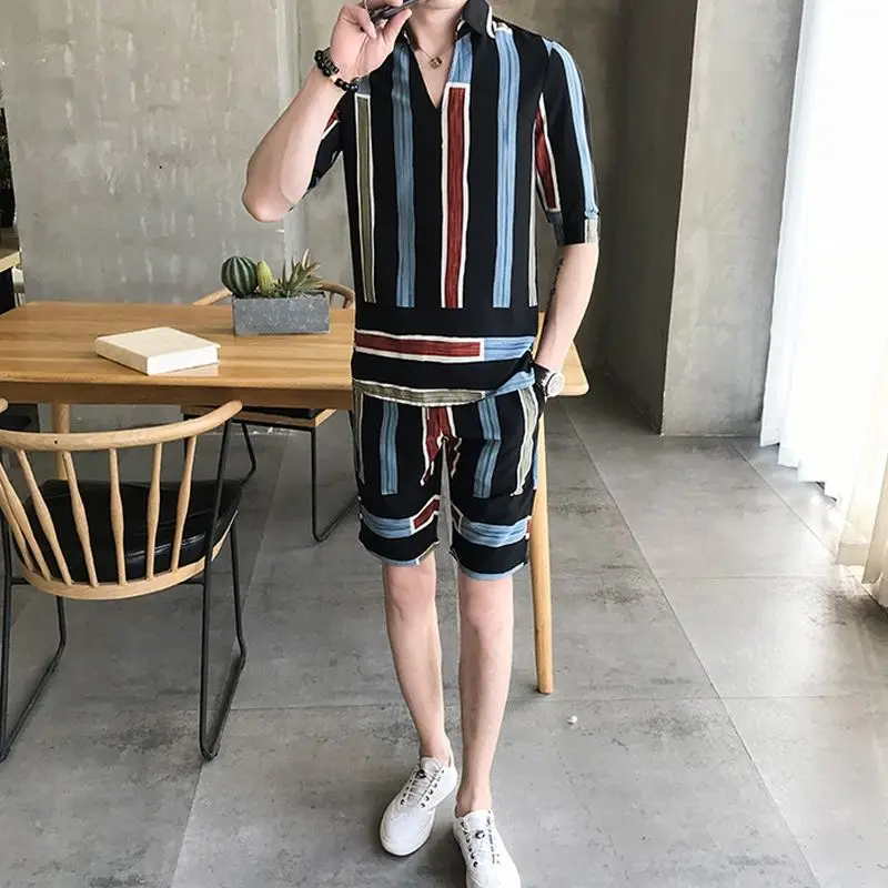 Summer Striped Men's Suit, Ice Silk Short-sleeved Shirt and Shorts, Men's Casual Trendy V-neck  Two Piece Set Summer  Tracksuit