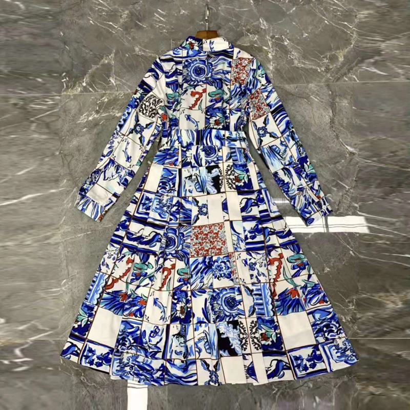 

Runway Fashion Women 2021 Spring Summer Shirt Turn-Down Porcelain Print Pleated Long Dress With Pockets