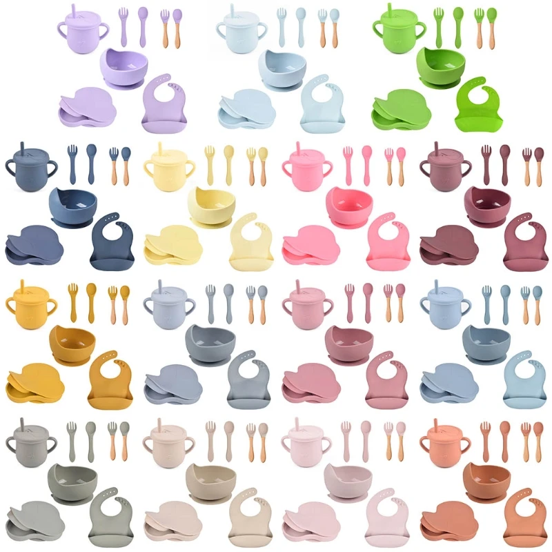 

8 Pcs Baby Silicone Bib Divided Dinner Plate with Lid Sucker Bowl Spoon Fork Straw Cup Set Training Feeding Food Utensil 87HD