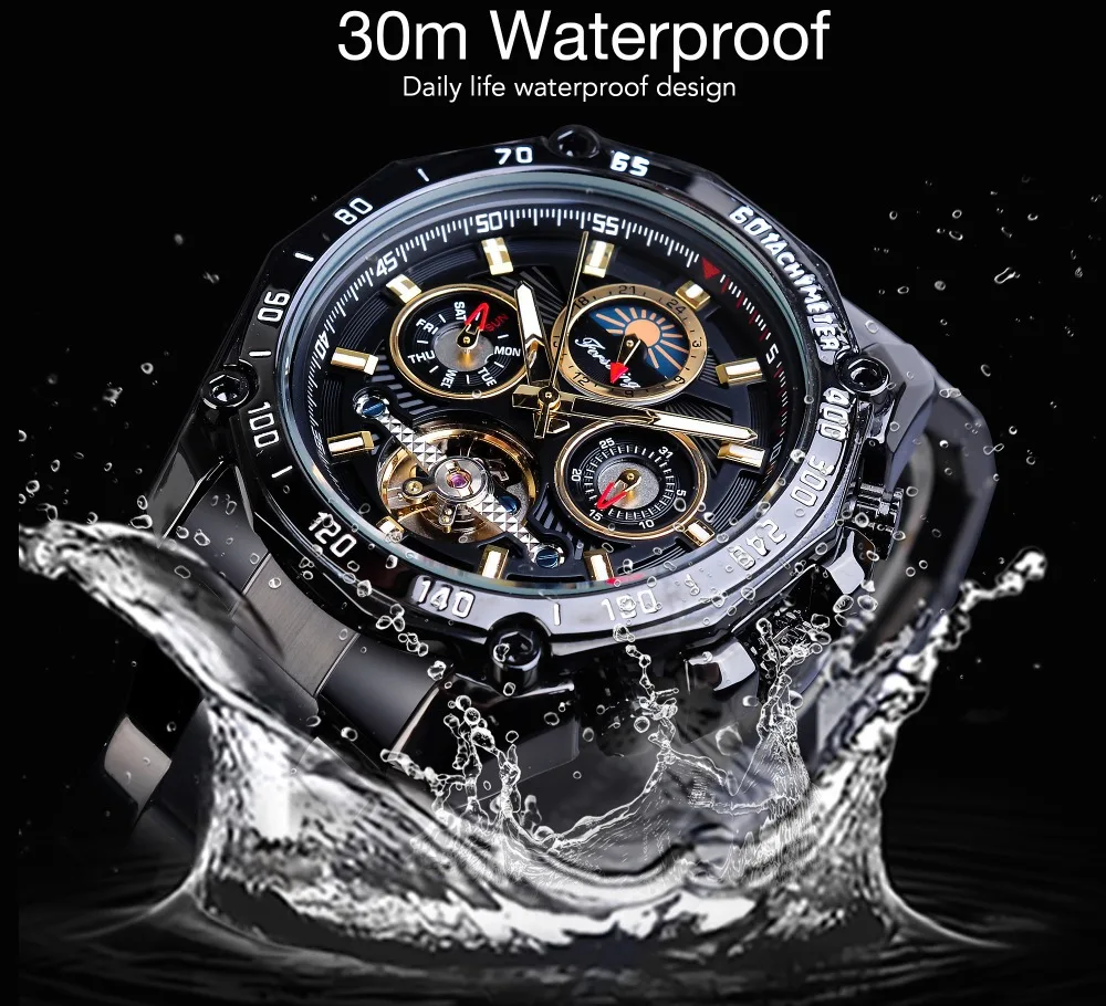 

brand business fully automatic mechanical watches leisure tourbillon military waterproof Luminous Hollow out Moon Phase clock
