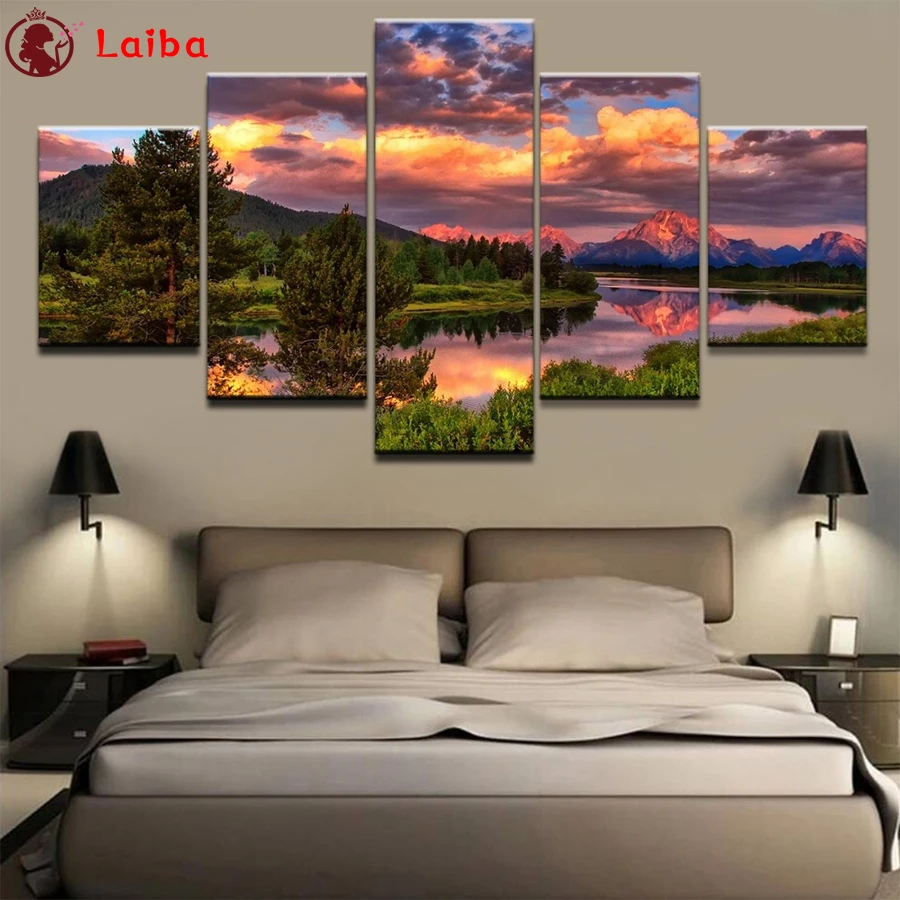 

5D DIY Diamond Painting Natural scenery, sunset, mountains, river Full Square Round Drill Embroidery Cross Stitch Decor5 PCS