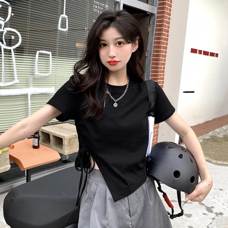 Милая крутая футболка с асимметричным шнурком женская летняя Новинка 2021