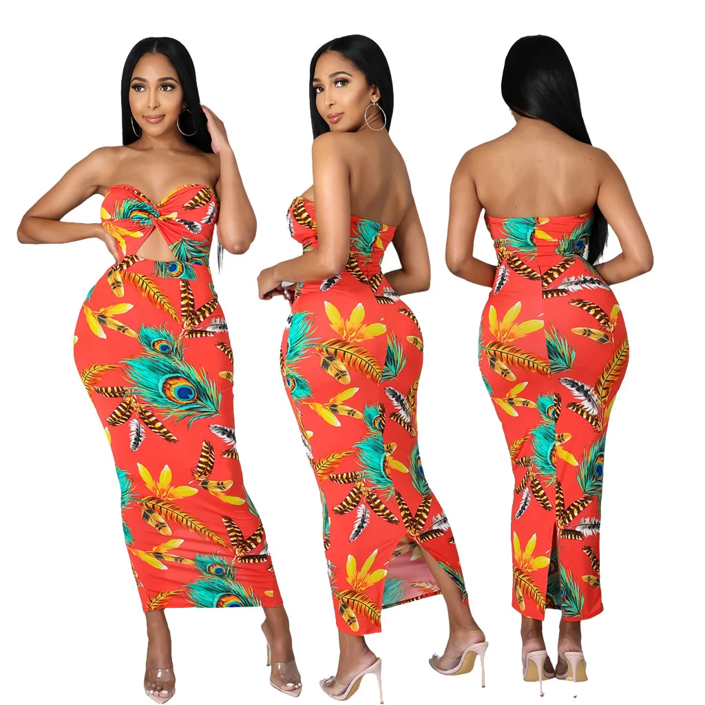 

Zoctuo Floral Print Dress Sleeveless Strapless Sexy Dresses For Women Party Club Night Split Hollow Out Fashion Summer Dresses