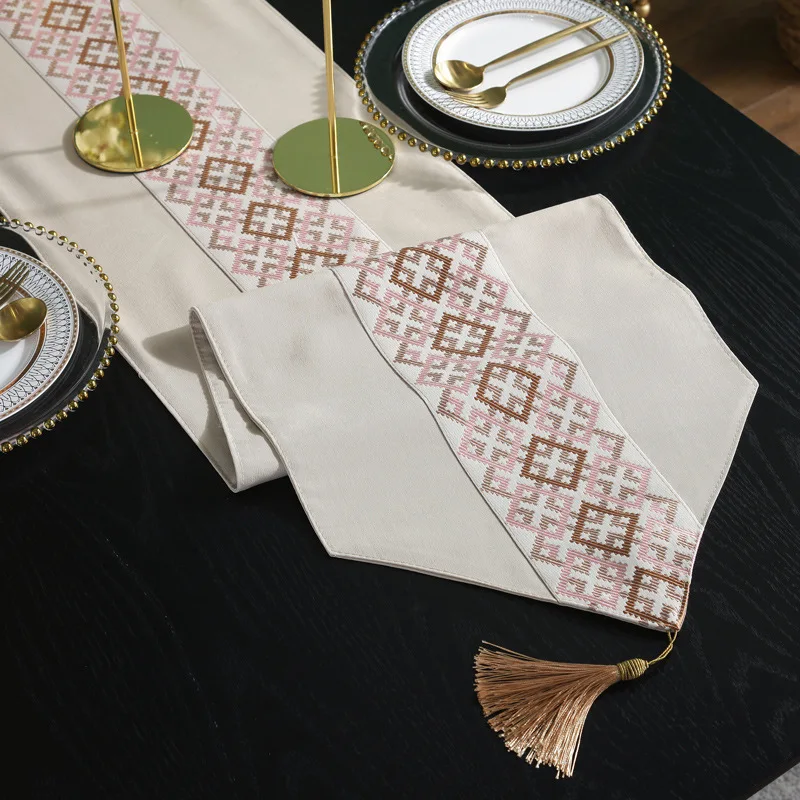 Simple New Chinese Style Printed Table Runner Geometric Mosaic Tassel Pendant Cotton Linen Home Decor Cover Towel | Дом и сад