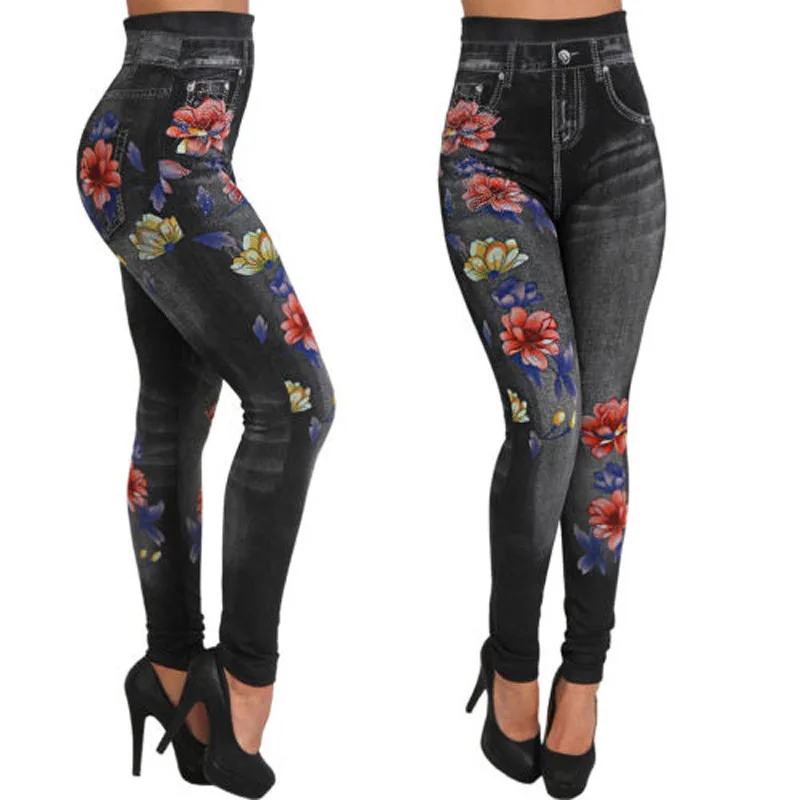 Женские джинсовые леггинсы с цветочным принтом весна-лето 2020 обтягивающие