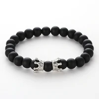 8mm matte black stone beads bracelet pave cz double flower crown bracelet bangle for womenmen trendy jewelry handmade