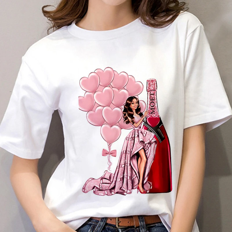 

2021 Beauty Champagne Pattern Print Women T-shirt Summer Vogue Harajuku Tshirt Casual Streetwear Tops Female T-shirt Clothing