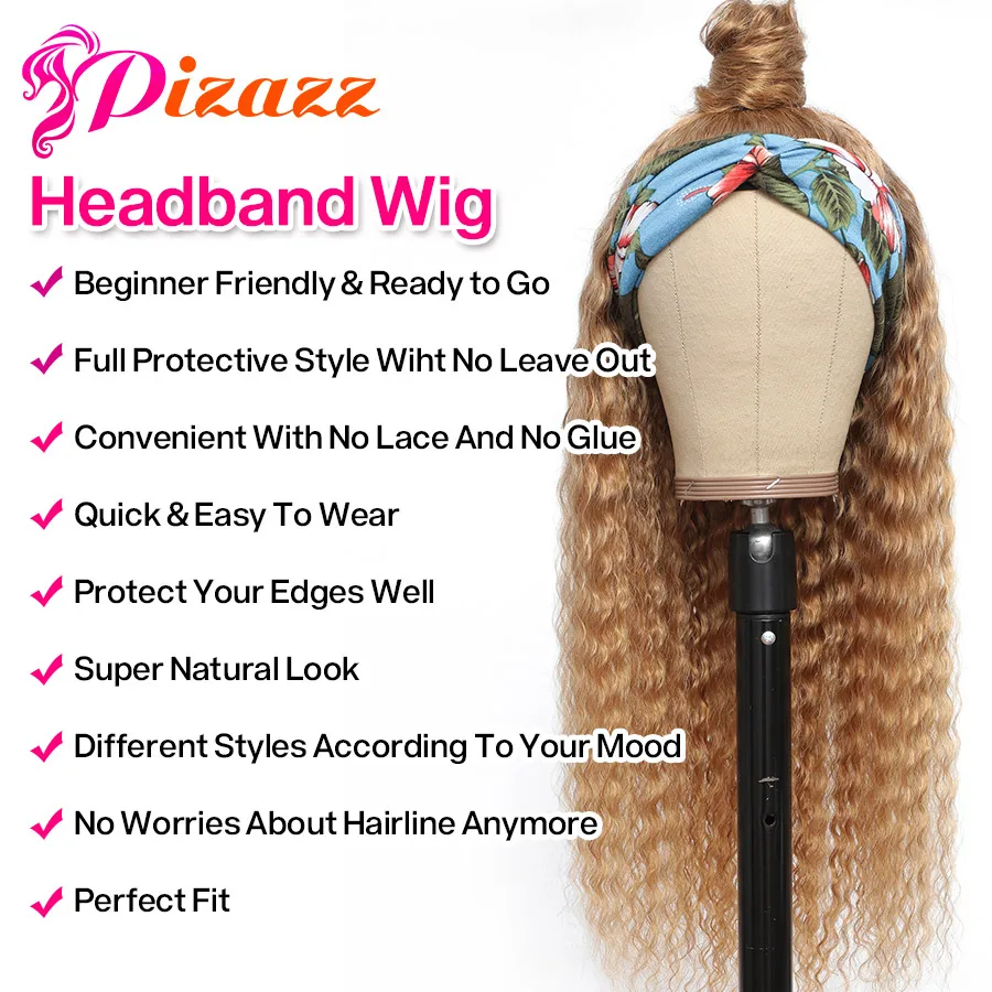 Pizazz Hair Chic Style High-quality Deep Wave Headband Wig Glueless Human Wigs With Pre-attached Scarf 100% | Шиньоны и парики