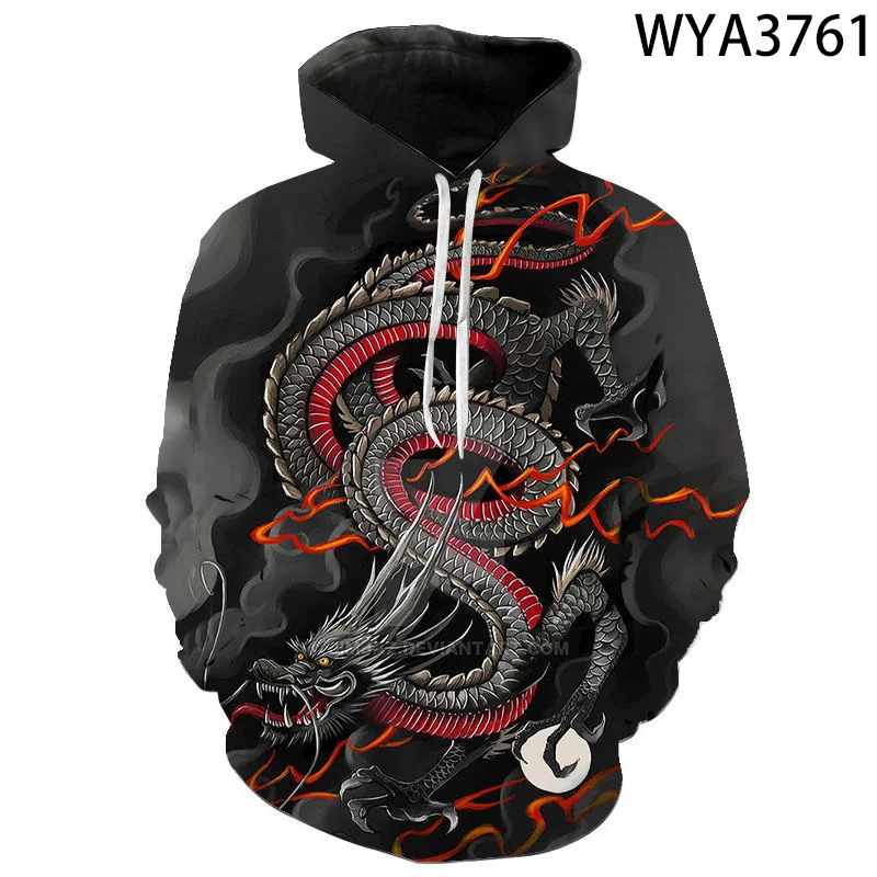 Черно белая мужская толстовка с 3D принтом тату дракона свитшот уличная одежда