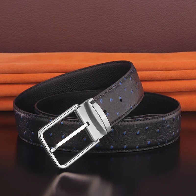 

Embossed Ostrich Grain Pattern Leather Men Belt Pin Buckle Cinto Masculino 3.8CM Wide Male Waistband High Quality Ceinture Homme