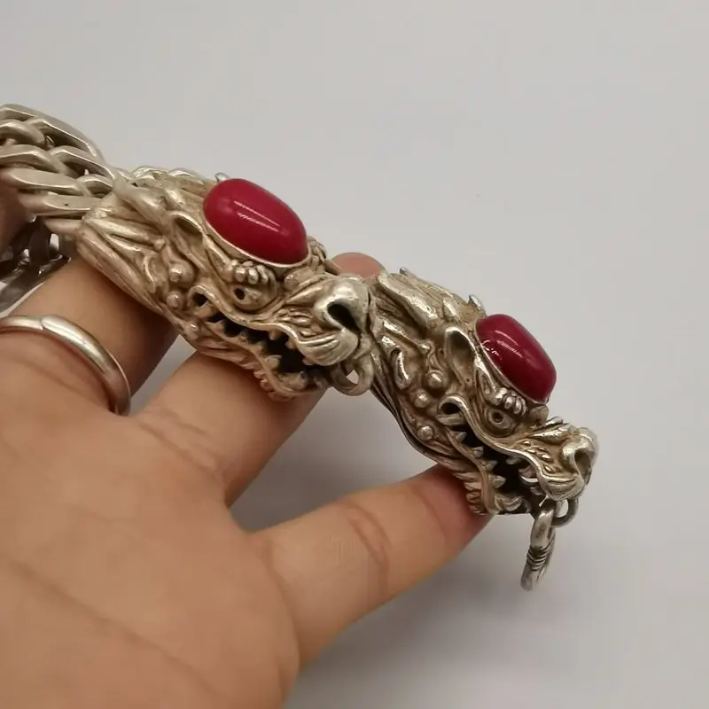 Античный красный нефритовый двойной дракон тибетский серебряный браслет |