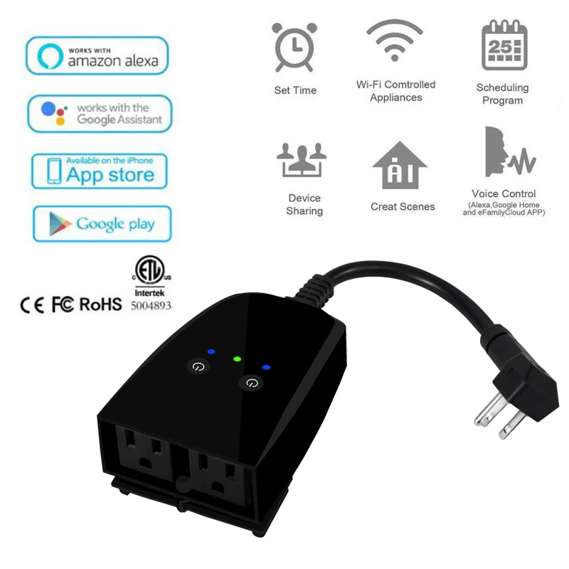 Уличная умная вилка, водонепроницаемая Wi-Fi розетка с 2 розетками, совместима с Alexa и Google Home