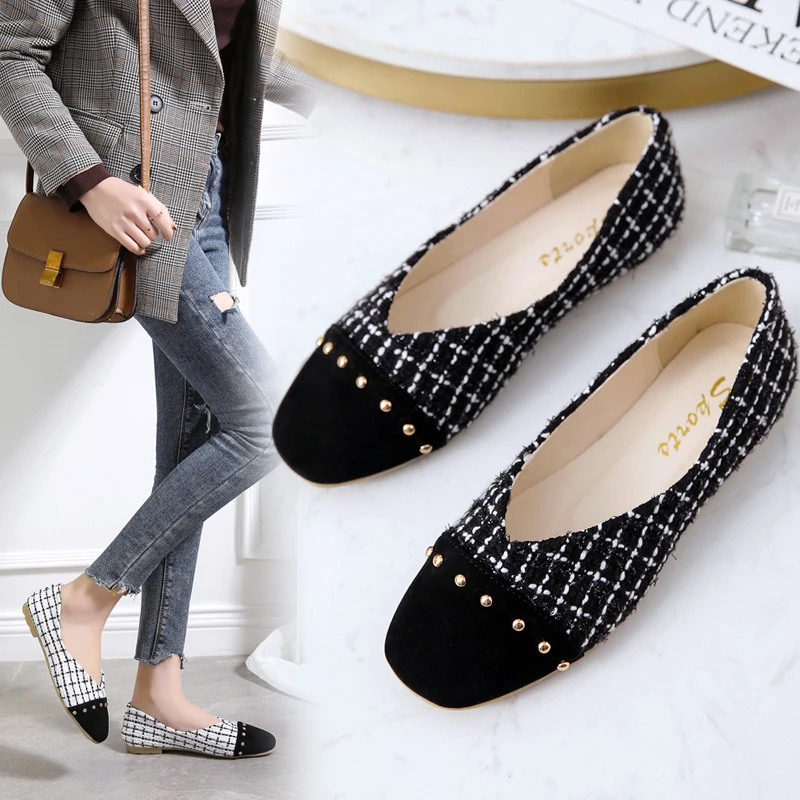 Туфли женские клетчатые без застежки балетки Лоскутные с заклепками плоская