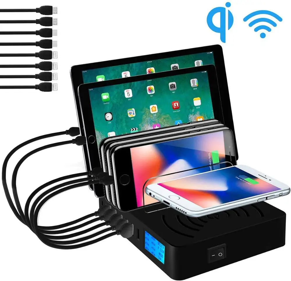 

Зарядное устройство с несколькими USB-портами, беспроводное быстрое зарядное устройство Qi для Iphone 8, X, 11 Pro, Samsung S10, док-станция с ЖК-дисплеем дл...