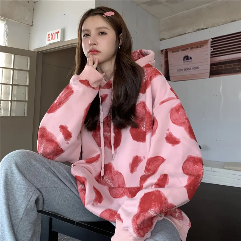 

New Tie-dye Sweater Women Ins Autumn Korean Style Loose Bf High Street Thin Coat Love Print Crewneck Sweatshirt Hoodies