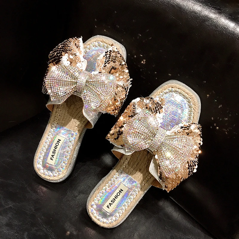 С украшением в виде кристаллов бабочки с блестками бантом шлепанцы без задника