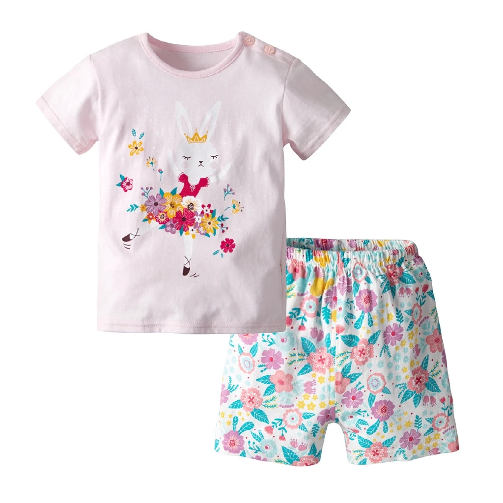 

Baby Girls Summer Short-sleeved Cotton Clothes Set Kids Korean Style Candy Color Thin Cartoon Suits Clothes
