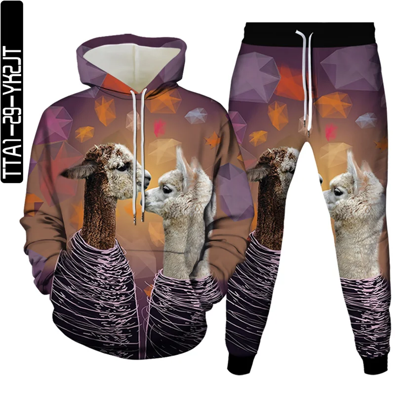 

2021New 3D Popular men/women Casual fashion suits Street hip hop hoodie+trousers wear out shopping travel wear Alpaca diagram
