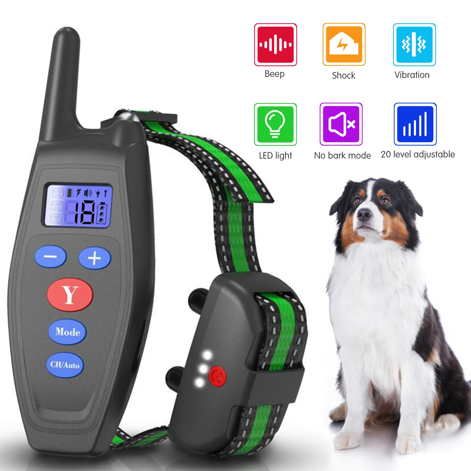 

Dog Training Collar Rechargeable Dog No Bark Collar with Beep Vibration Shock LED Light 800m Remote Range 20 Level Adjustable