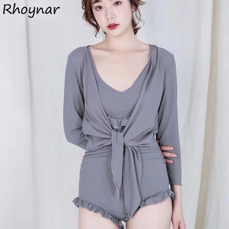 

Bikini Sets Women Swimwear Korean Style Pure Long Sleeve Outerwear Backless Simple Vintage Slim Sexy Beach Bathing 2 Pieces Lady